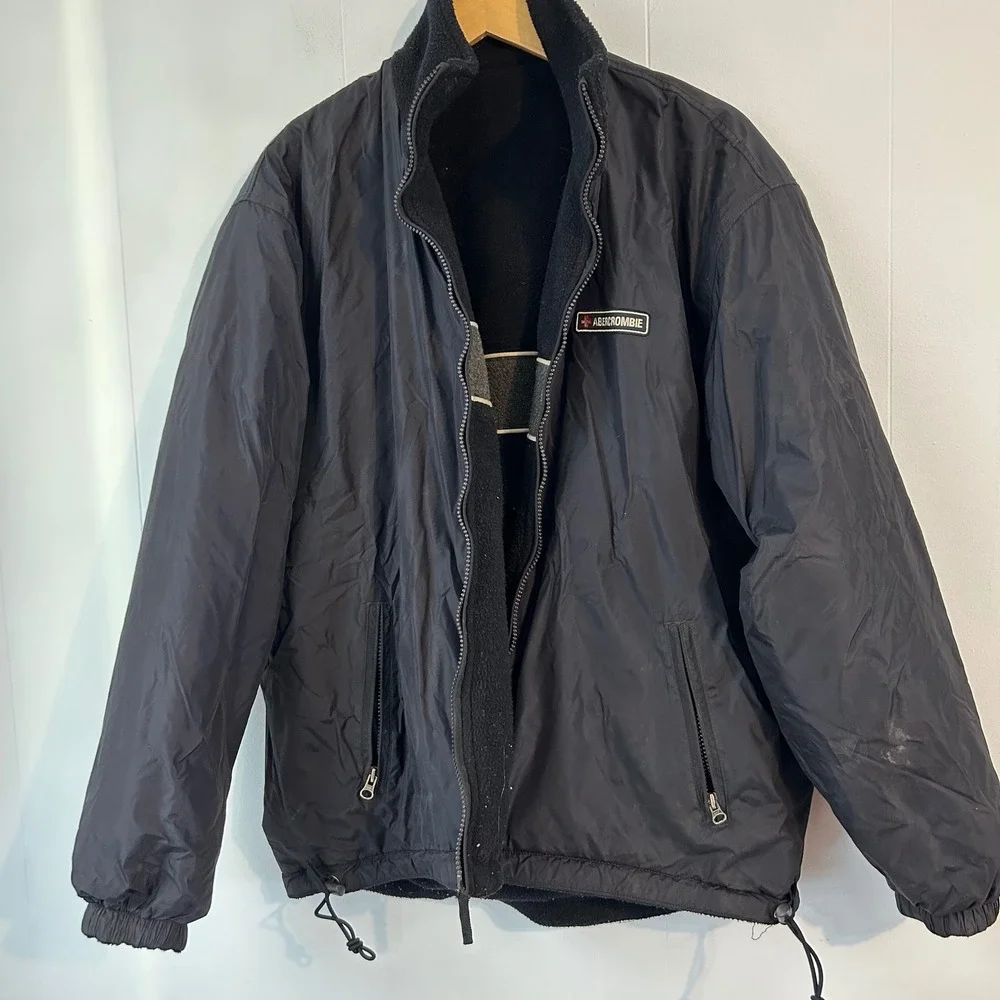 Abercrombie Fleece Lined Reversible Jacket Mens Black Full Zip Outerwear xl/2xl‎